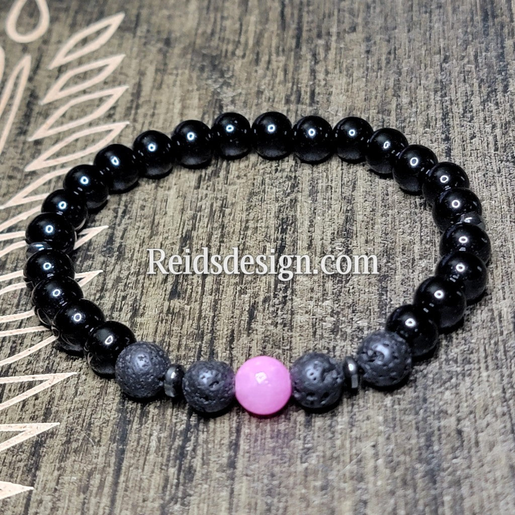 Unisex Breast Cancer Awareness Lava, Glass, Hemitie and Pink Gem Stone Bracelet size 8