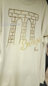 New...Brooklyn Bridge Hand Painted Off White Bronze and Gold  Long Sleeve by Reids' Design ( size Men Large / Women XL )