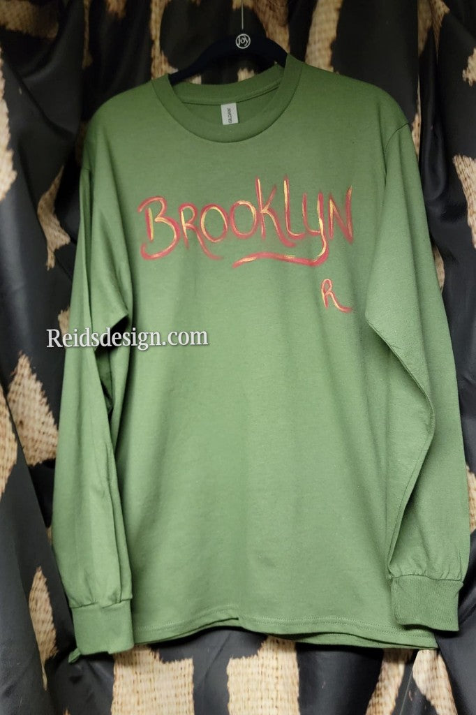 New...BROOKLYN Hand Painted Army Green with Red and Gold Long Sleeve by Reids' Design ( size Men Medium / Women Large )
