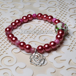 "🌹" Rose Pink Pearl Bracelet with Lampwork Bead and Rose ( size 7.5" )