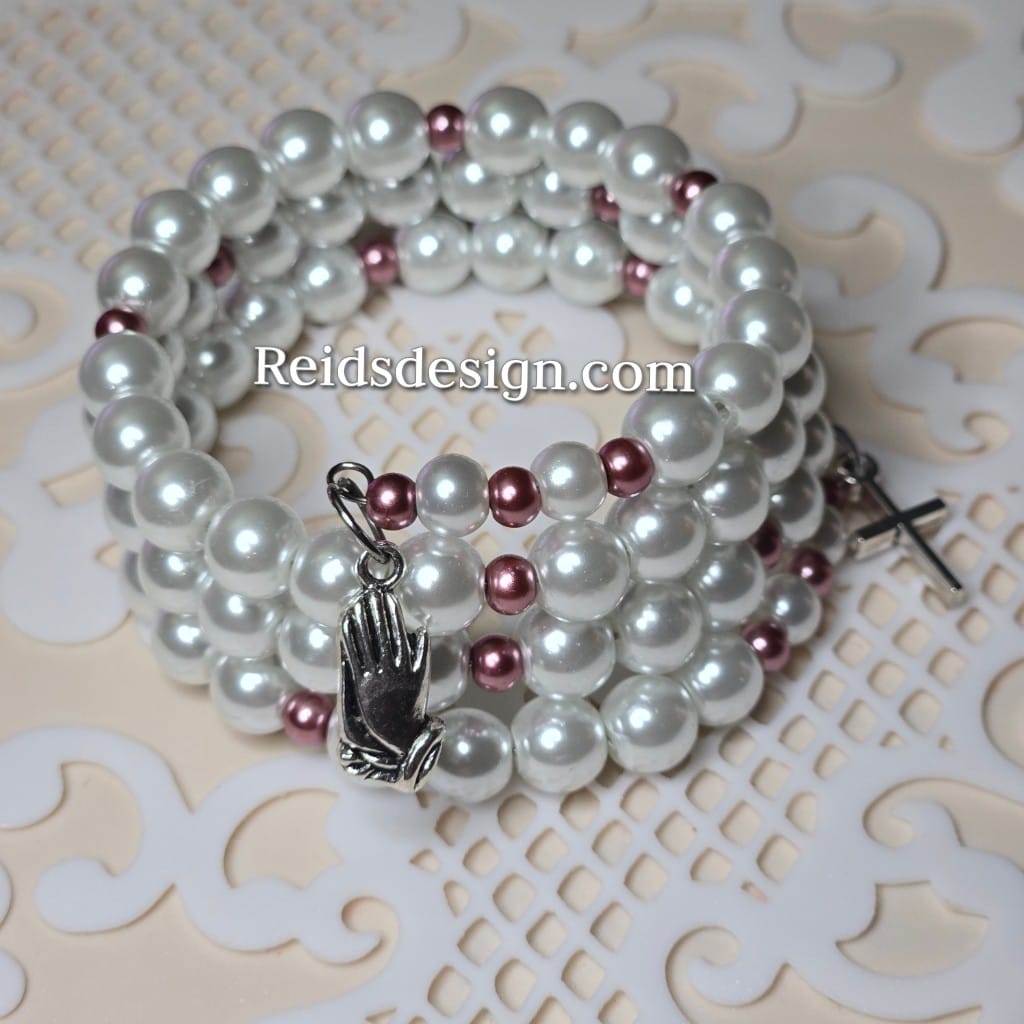 Wrap Bracelet with White and Pink Glass Pearls. FAITH inspired design with Cross and  Prayer hands