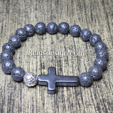 Load image into Gallery viewer, New Lava and Black Cross Bracelet 8 1/2 inches 10mm Beads