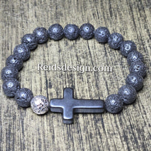 Load image into Gallery viewer, New Lava and Black Cross Bracelet 8 1/2 inches 10mm Beads