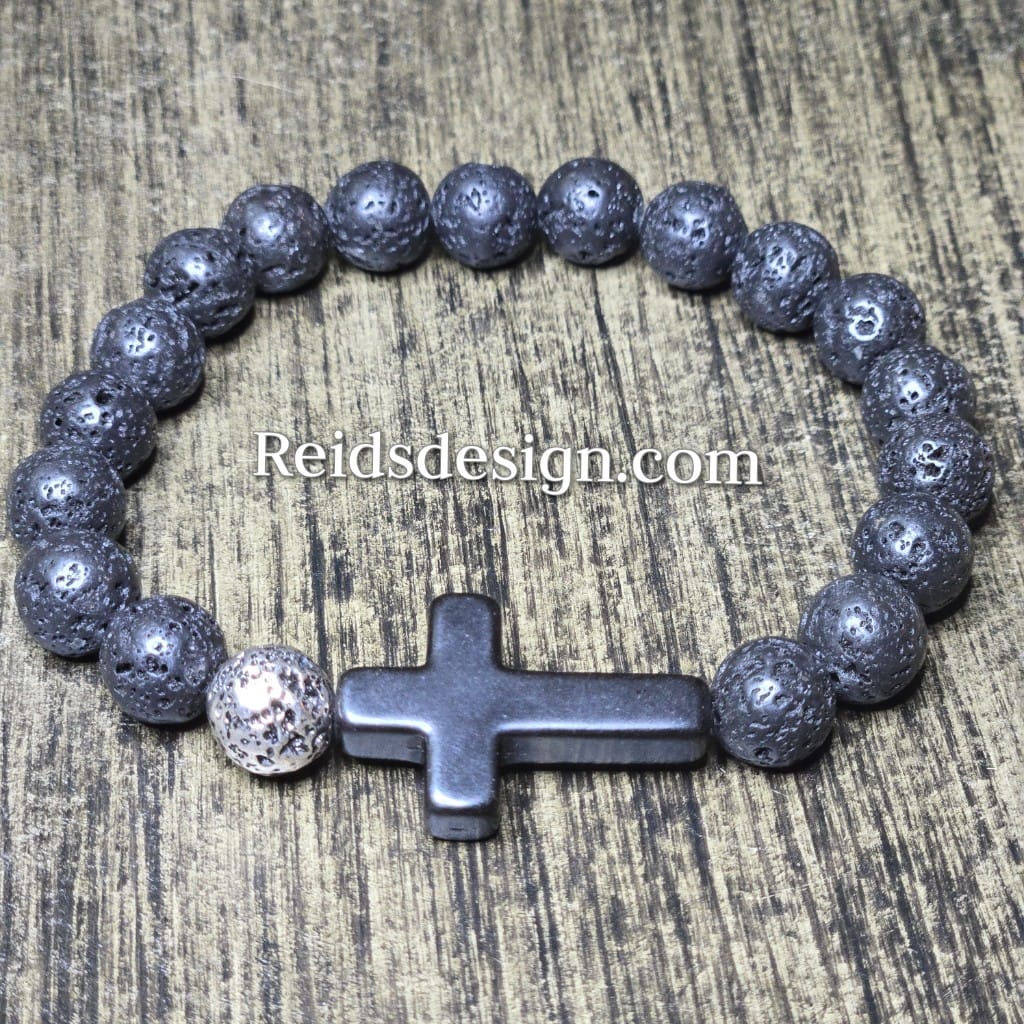 New Lava and Black Cross Bracelet 8 1/2 inches 10mm Beads