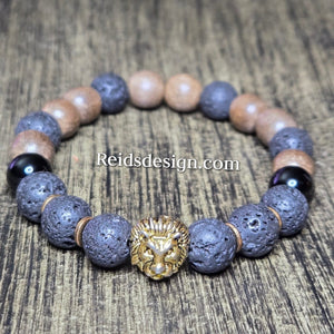10mm Lion Bracelet Designed with Lava, Agate and Wood Beads..( size 8.5" )