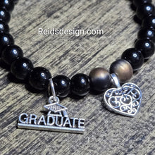 Load image into Gallery viewer, New Graduation and Heart Black Glass and Charm Bracelet (size 7.5 inches)