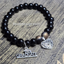 Load image into Gallery viewer, New Graduation and Heart Black Glass and Charm Bracelet (size 7.5 inches)