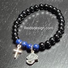 Load image into Gallery viewer, New Graduation Cross Black Glass, Blue Montain Jade and Charm Bracelet (Size 7.5 inches)