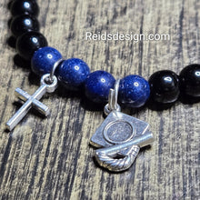 Load image into Gallery viewer, New Graduation Cross Black Glass, Blue Montain Jade and Charm Bracelet (Size 7.5 inches)