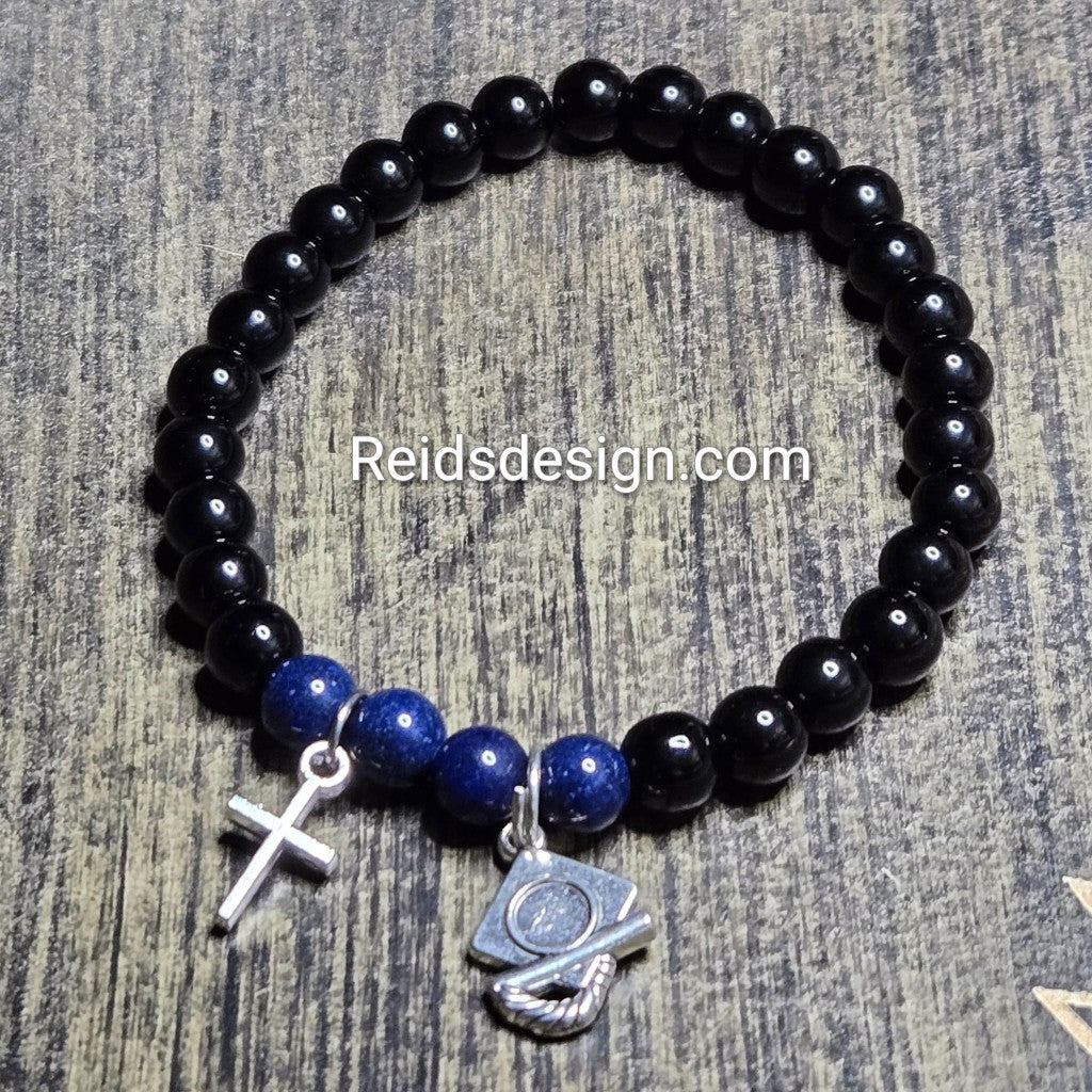 New Graduation Cross Black Glass, Blue Montain Jade and Charm Bracelet (Size 7.5 inches)