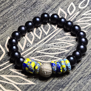 New African Brass Bead and Glass and Black Matte Glass Bracelet ( size 8.0" )