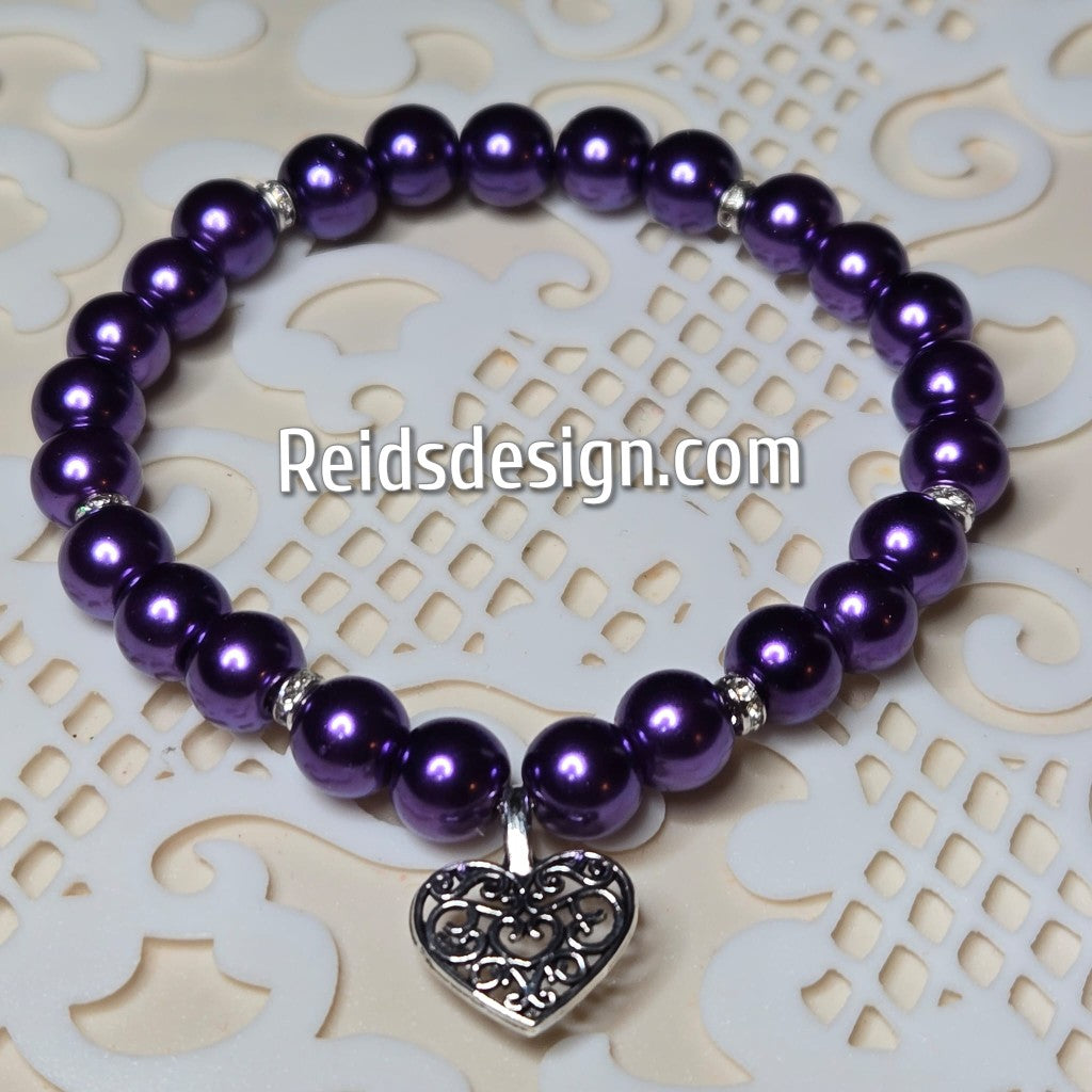 New... Purple Glass Pearl Beaded Bracelet with a Heart