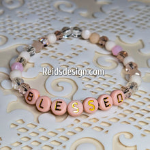 Load image into Gallery viewer, &quot;BLESSED&quot; 6mm mixed pink, clear and white Beaded Bracelet.     ( size 7.5&quot; )