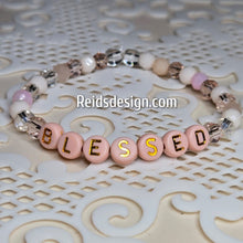 Load image into Gallery viewer, &quot;BLESSED&quot; 6mm mixed pink, clear and white Beaded Bracelet.     ( size 7.5&quot; )