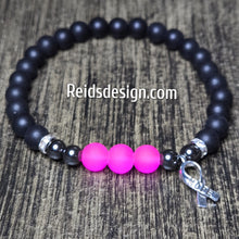 Load image into Gallery viewer, Unisex Hope Breast Cancer Awareness  Acrylic, Glass and Hemitie Black and Pink 8mm Beaded Bracelet size 8.5&quot;