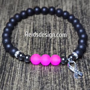 Unisex Hope Breast Cancer Awareness  Acrylic, Glass and Hemitie Black and Pink 8mm Beaded Bracelet size 8.5"