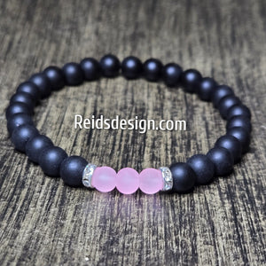 Unisex Hope Breast Cancer Awareness  Black and Pink Acrylic and Glass 8mm Beaded Bracelet size 8.5"