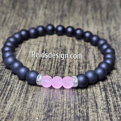 Unisex Hope Breast Cancer Awareness  Black and Pink Acrylic and Glass 8mm Beaded Bracelet size 8.5