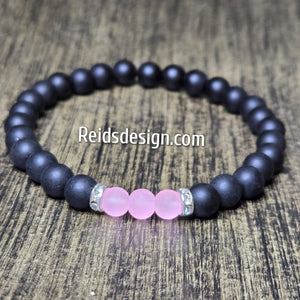 Unisex Hope Breast Cancer Awareness  Black and Pink Acrylic and Glass 8mm Beaded Bracelet size 8.5"