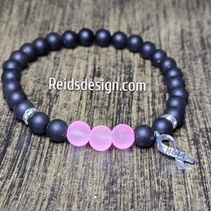 Unisex Hope Breast Cancer Awareness  Acrylic & Glass Black and Pink 8mm Beaded Bracelet size 8.5"