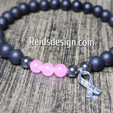 Load image into Gallery viewer, Unisex Hope Breast Cancer Awareness  Acrylic, Glass and Hemitie Black and Pink 8mm Beaded Bracelet size 8.5&quot;