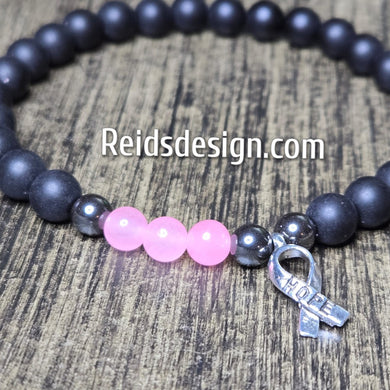 Unisex Hope Breast Cancer Awareness  Acrylic, Glass and Hemitie Black and Pink 8mm Beaded Bracelet size 8.5