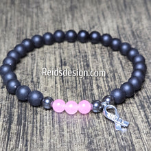 Load image into Gallery viewer, Unisex Hope Breast Cancer Awareness  Acrylic, Glass and Hemitie Black and Pink 8mm Beaded Bracelet size 8.5&quot;