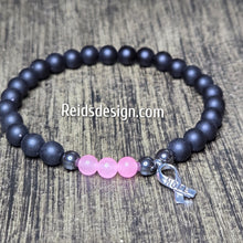 Load image into Gallery viewer, Unisex Hope Breast Cancer Awareness  Acrylic, Glass and Hemitie Black and Pink 8mm Beaded Bracelet size 8.5&quot;