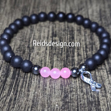 Load image into Gallery viewer, Unisex Hope Breast Cancer Awareness  Acrylic, Glass and Hemitie Black and Pink 8mm Beaded Bracelet size 8.5&quot;