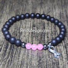 Load image into Gallery viewer, Unisex Hope Breast Cancer Awareness  Acrylic, Glass and Hemitie Black and Pink 8mm Beaded Bracelet size 8.5&quot;