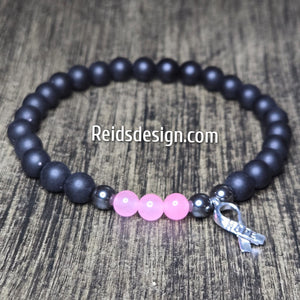 Unisex Hope Breast Cancer Awareness  Acrylic, Glass and Hemitie Black and Pink 8mm Beaded Bracelet size 8.5"