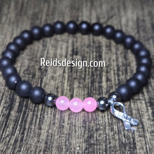 Load image into Gallery viewer, Unisex Hope Breast Cancer Awareness  Acrylic, Glass and Hemitie Black and Pink 8mm Beaded Bracelet size 8.5&quot;