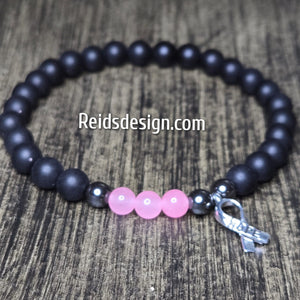 Unisex Hope Breast Cancer Awareness  Acrylic, Glass and Hemitie Black and Pink 8mm Beaded Bracelet size 8.5"