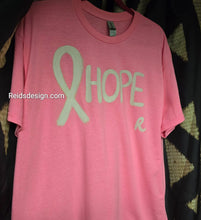 Load image into Gallery viewer, New Pink Hand painted &quot;Hope&quot; with a Ribbon T-shirt with Irridecent Glitter By Reids&#39; Design Men Large / Women XL