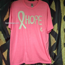 Load image into Gallery viewer, New Pink Hand painted &quot;Hope&quot; with a Ribbon T-shirt with Irridecent Glitter By Reids&#39; Design Men Large / Women XL