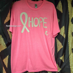 New Pink Hand painted "Hope" with a Ribbon T-shirt with Irridecent Glitter By Reids' Design Men Large / Women XL