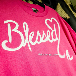 New Pink Hand painted "Blessed" with a Heart T-shirt with Irridecent Glitter By Reids' Design Men Large / Women XL