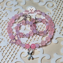 Load image into Gallery viewer, Pink Glass Bead Hoop Earrings and Bracelet with Hope Ribbon