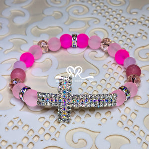 "IRIS" Cross Bracelets with 8mm Pink Frosted Glass Beads and Gems ( size 7.5")