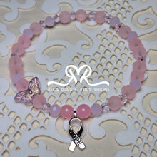 Load image into Gallery viewer, Pink Glass Bead Hoop Earrings and Bracelet with Hope Ribbon