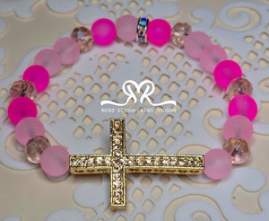 "IRIS" Cross Bracelets with 8mm Pink Frosted Glass Beads and Gem ( size 7.5")