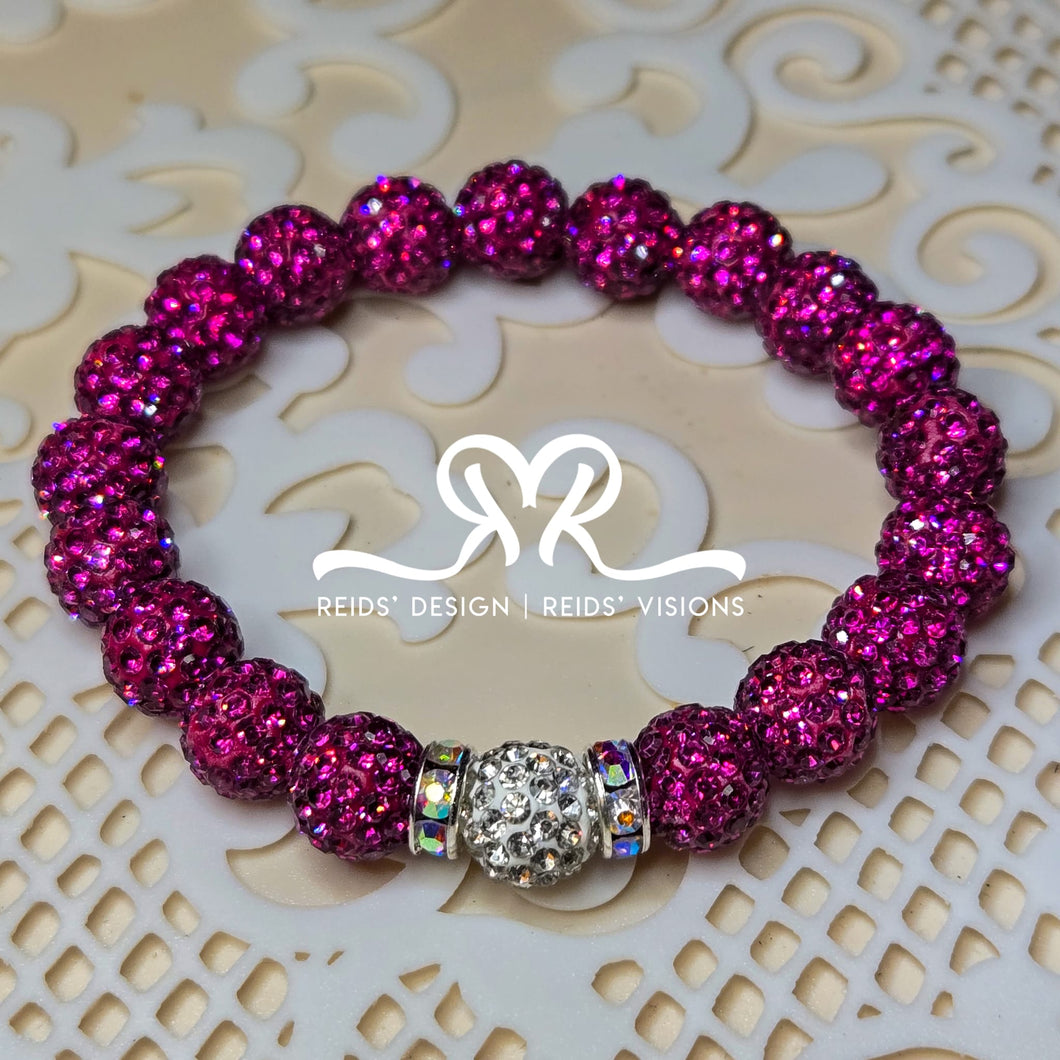 Fuchsia Rhinestone Crystal 10mm Beaded Bracelet ( size 7.5