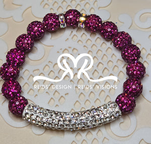 Fuchsia Rhinestone Crystal 10mm Beaded Bracelet ( size 7.5")