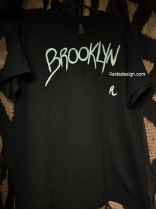 BROOKLYN" Hand Painted Black with Mint Green and White T-Shirt by Reids' Design Men Large / Women XL