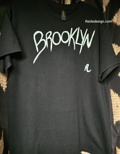 BROOKLYN" Hand Painted Black with Mint Green and White T-Shirt by Reids' Design Men Large / Women XL