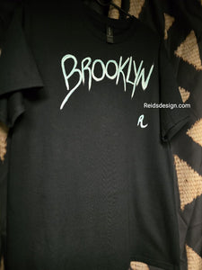 BROOKLYN" Hand Painted Black with Mint Green and White T-Shirt by Reids' Design Men Large / Women XL