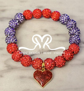 "❤️" Red & Lavender Rhinestone Crystal 10mm Beaded Bracelet with Stainless Steel Heart( size 7.5")
