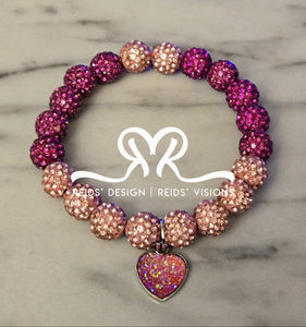 "❤️" Pink blend Rhinestone Crystal 10mm Beaded Bracelet with Stainless Steel Heart( size 7.5")