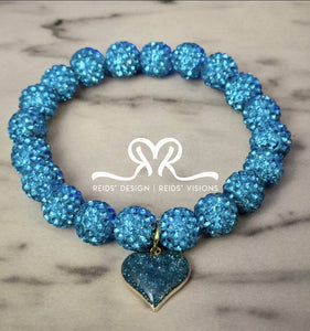 "❤️" Turquoise Rhinestone Crystal 10mm Beaded Bracelet with Stainless Steel Heart( size 7.5")