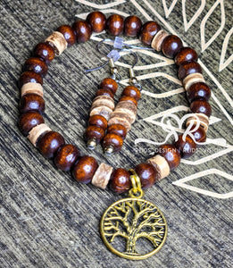 Tree of Life Wood and Heshi 7.5 Bracelet with Earrings